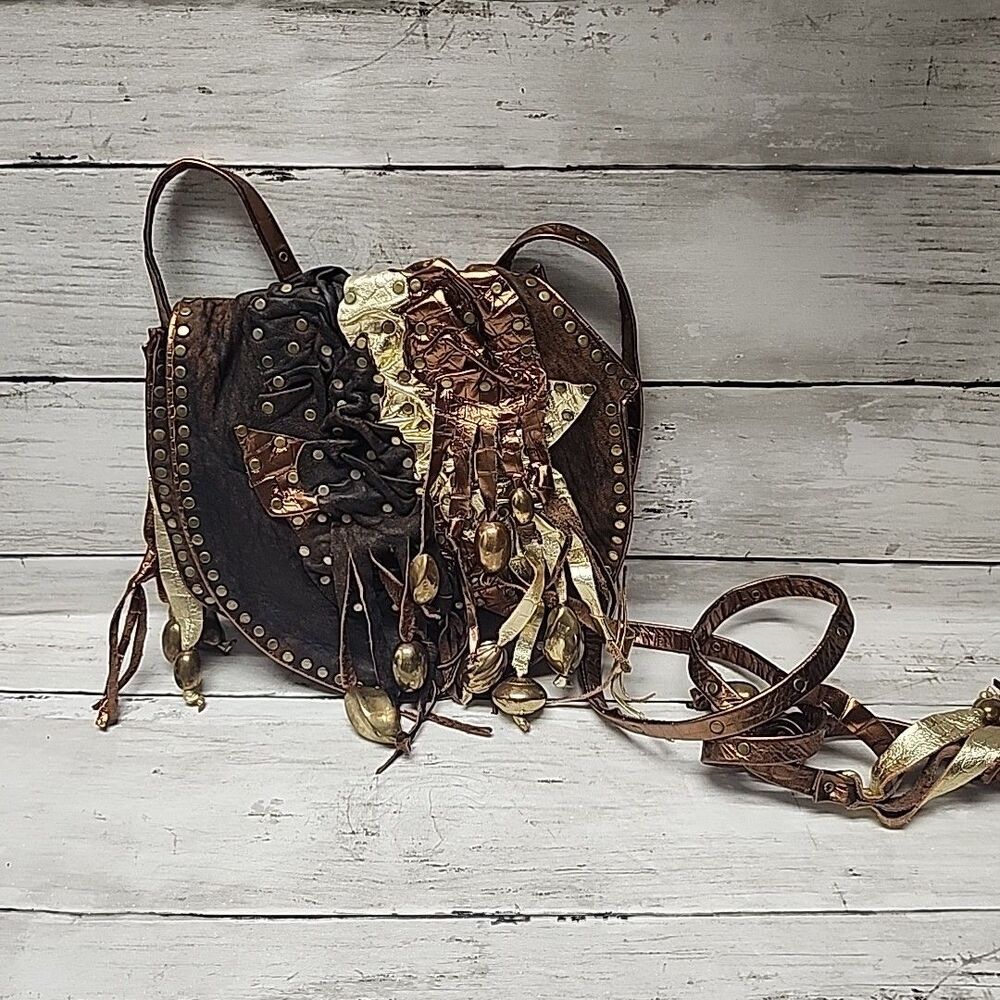 Vintage Unique Handmade Artisan Brown Leather Boho Small Crossbody Shoulder Bag - Picture 2 of 12